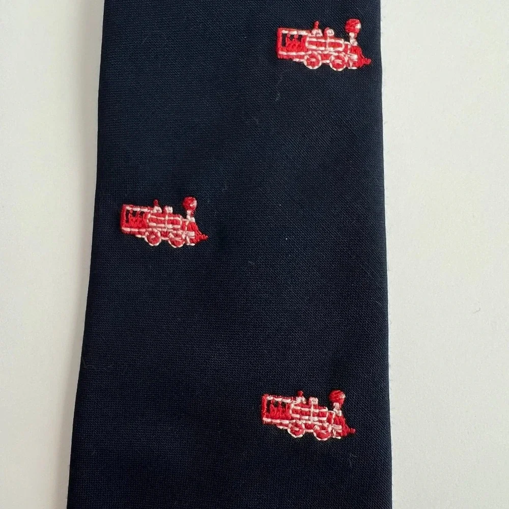JANIE & JACK Wool Necktie Navy With Red Trains Hook Loop Closure Size Age 6‎ Up